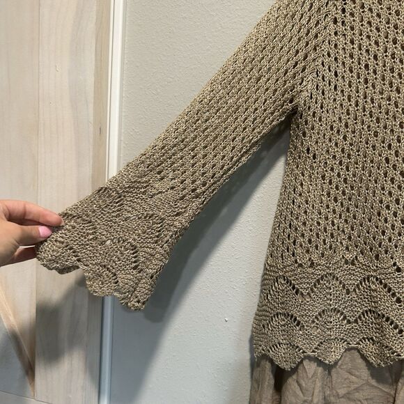 Ryu Tunic Top S/M Bow Knit Crochet Lined Shark Bite Flare Sleeve Neutral Layered - Picture 2 of 11